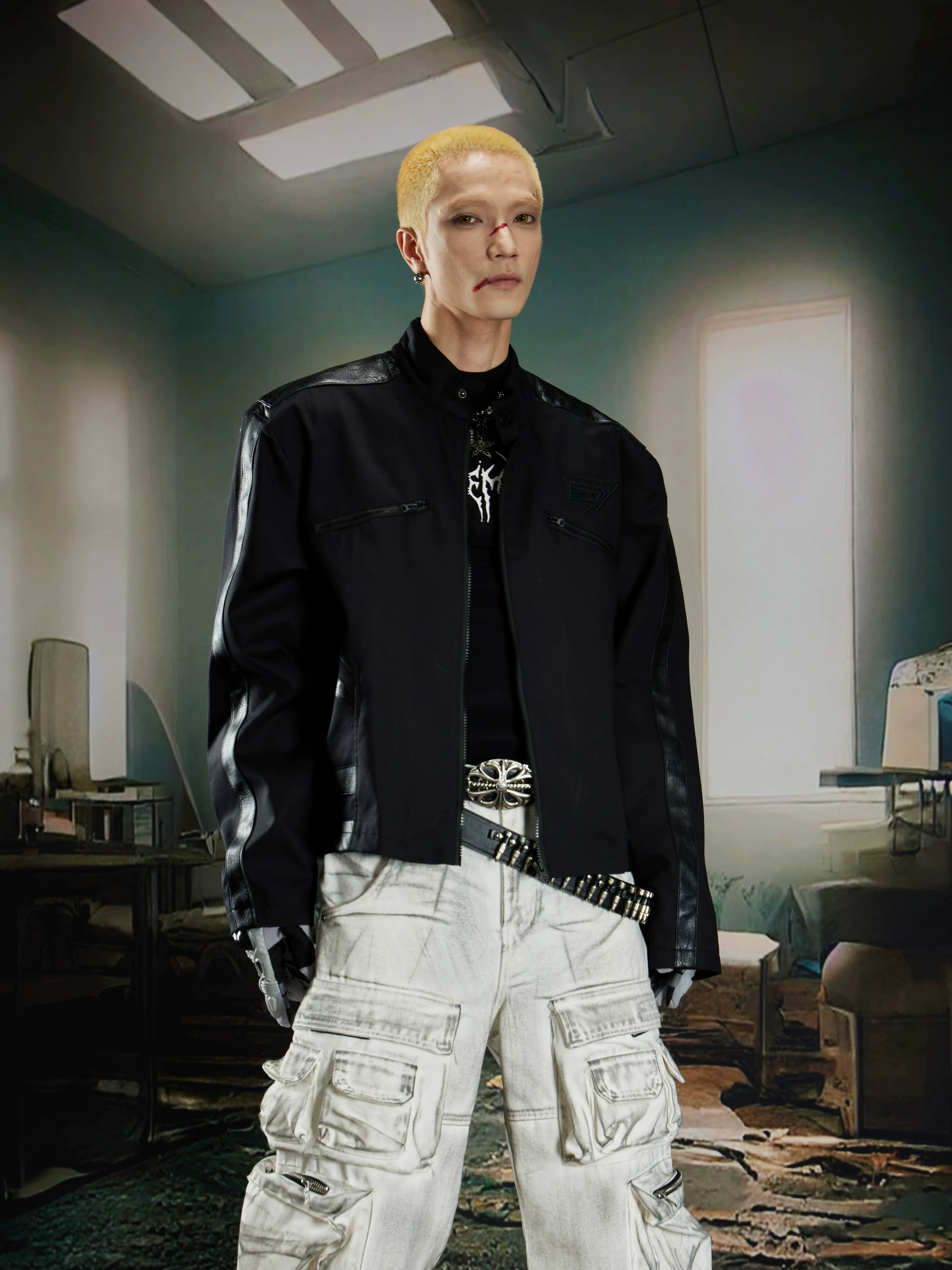 NOMANIAI Cropped stand-collar moto jacket with PU leather paneling and zip closure.