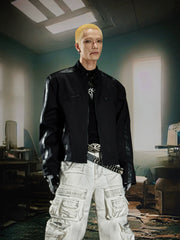 NOMANIAI Cropped stand-collar moto jacket with PU leather paneling and zip closure.