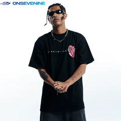 ONSEVENINE China-Chic Heavy Weight Cotton Small Neckline Boys' T-shirt Short Sleeve Women's Summer Loose Couple's Half Sleeve t