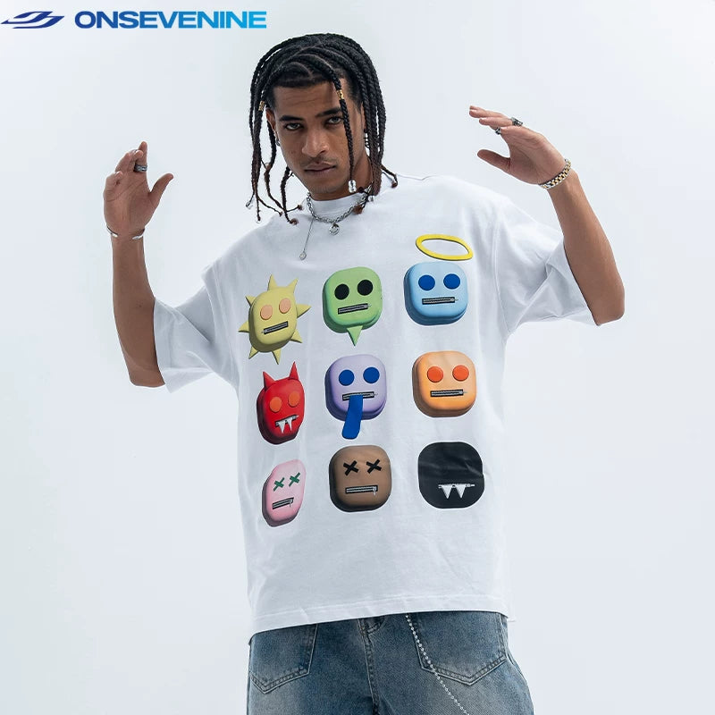 ONIVENINE American Street Loose Small Collar 300g Heavy Cotton Short sleeved T-shirt for Men and Women in Summer