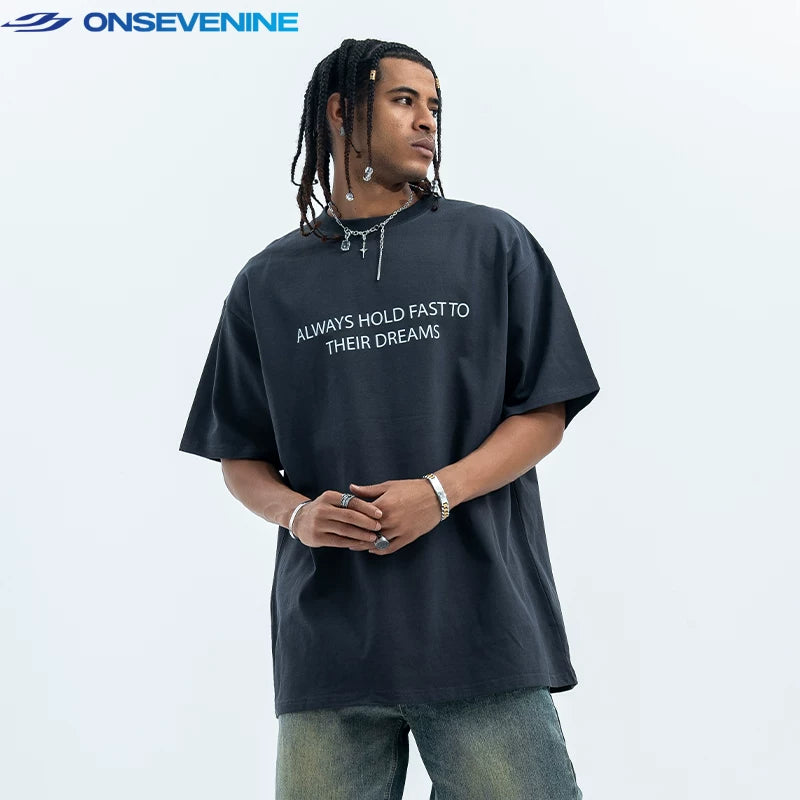 ONS VENINE Trendy American Street Loose 280g Heavy duty Cotton Small Collar Short sleeved T-shirt for Men and Women in Summer