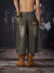 NOMANIAI Vintage-style, distressed, loose-fit cropped jeans in an antique bronze wash.
