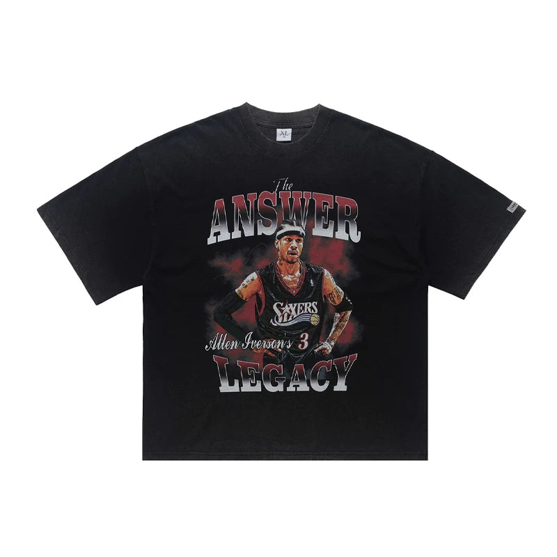 Onsevenine figure print American trendy brand washed vintage vintage off shoulder small collar short sleeved T-shirt