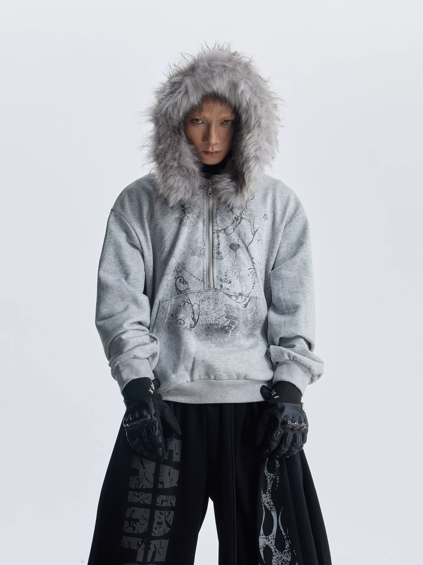 NOMANIAI  Fuzzy Hooded Printed Half-Zip Sweatshirt – Loose Cropped Top.