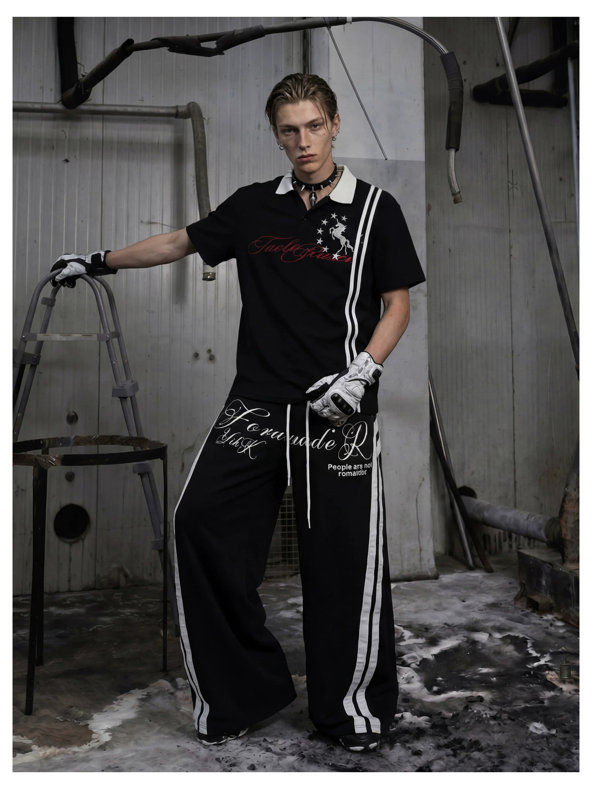 NOMANIAI Star and Warhorse Embroidery Jersey Polo Shirt – Sporty Streetwear Style.