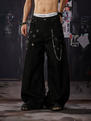 NOMANIAI Y2K Cut-out Metal Wide-Leg Curved-Seam Jeans with Detachable Chain.