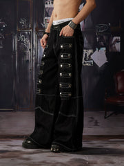 NOMANIAI Y2K-style straight-leg jeans featuring large, dimensional square studs and a distinctive look.