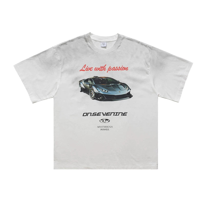 ONS EVENT American Street Washed Vintage Gradient Loose Small Collar Short sleeved T-shirt for Men and Women Summer