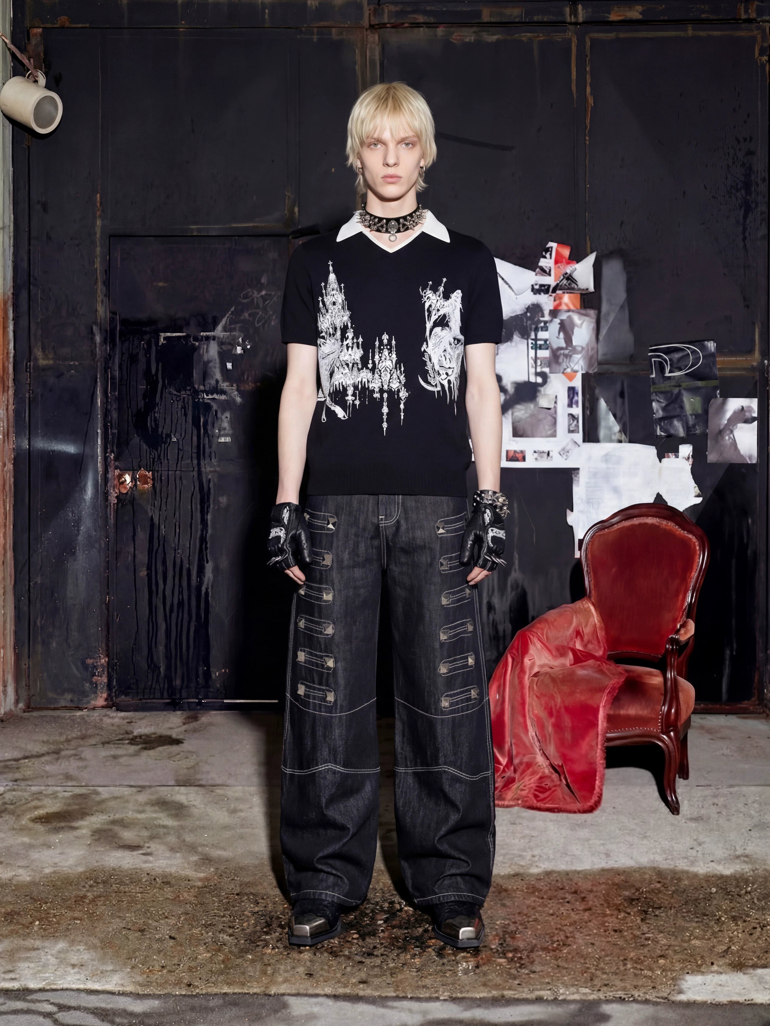 NOMANIAI Y2K-style straight-leg jeans featuring large, dimensional square studs and a distinctive look.