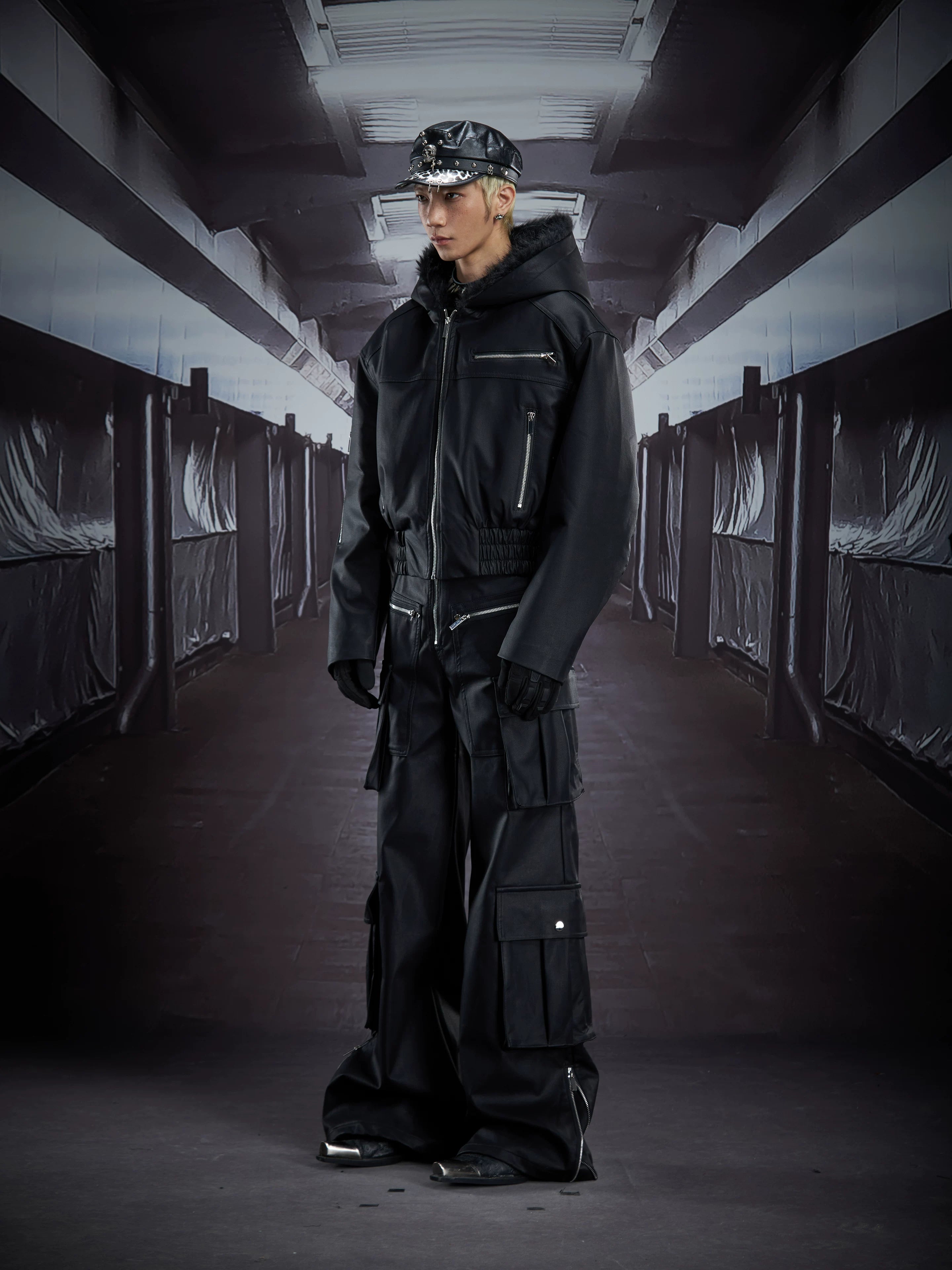 NOMANIAI Multi-pocket, layered-style straight-leg leather trousers (floor-length).