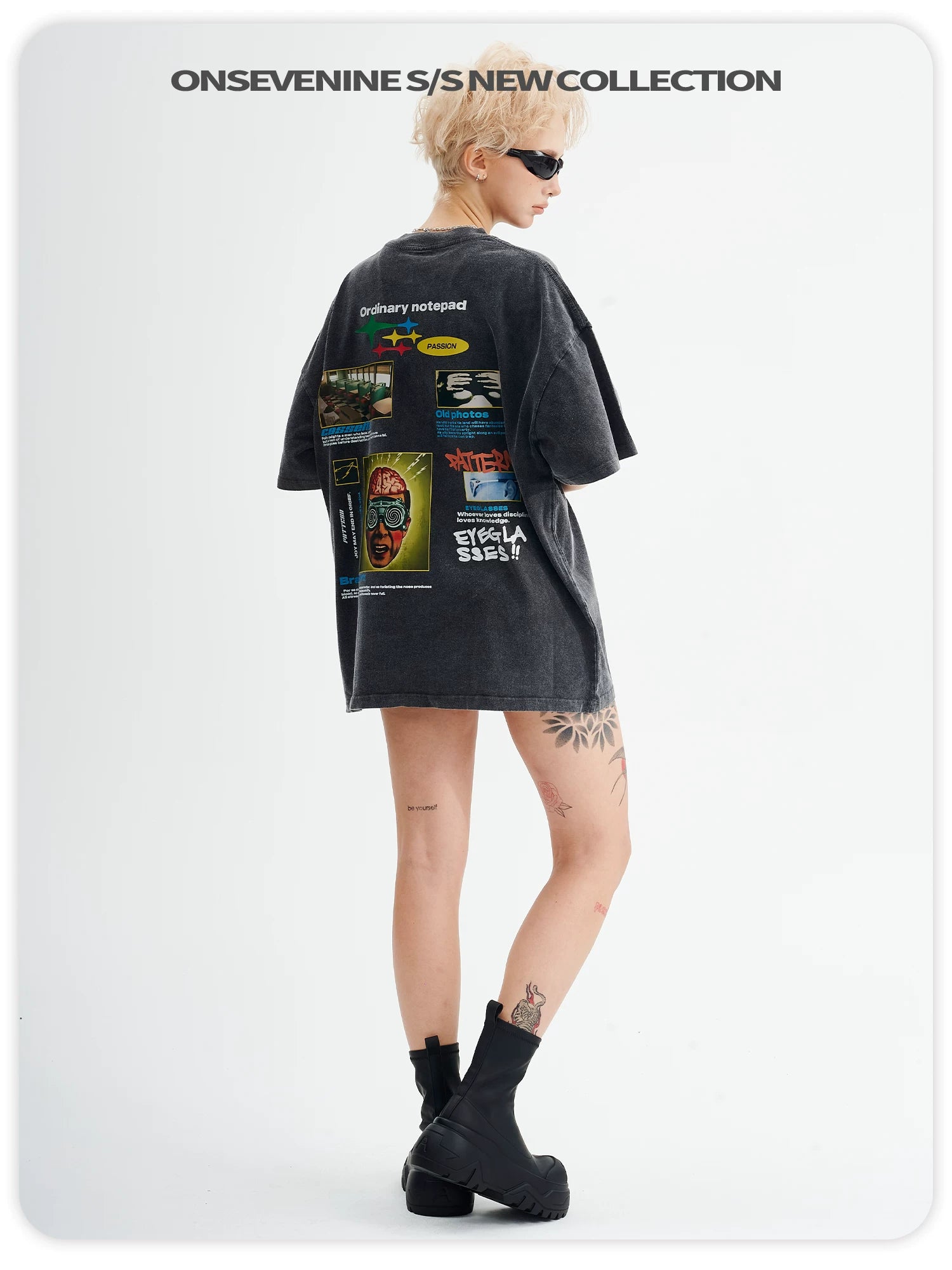 ONSEVENINE Vintage-style, distressed, loose-fit short-sleeve tee (unisex).
