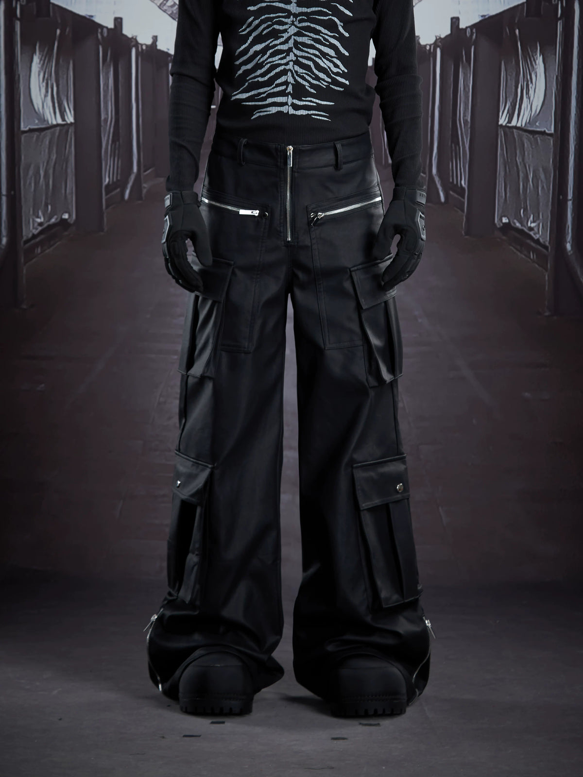 NOMANIAI Multi-pocket, layered-style straight-leg leather trousers (floor-length).