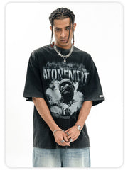 ONSEVENINE Black short-sleeve T-shirt in washed, vintage-style pure cotton.