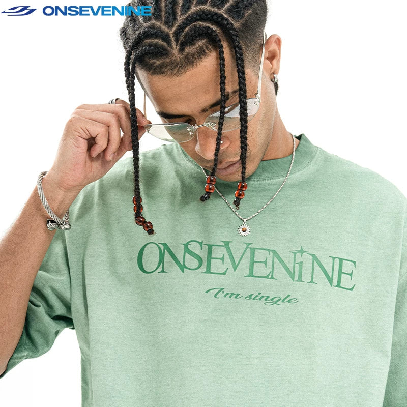ONSEVENINE美式水洗复古做旧渐变破洞毛边280克小领口短袖T恤男夏