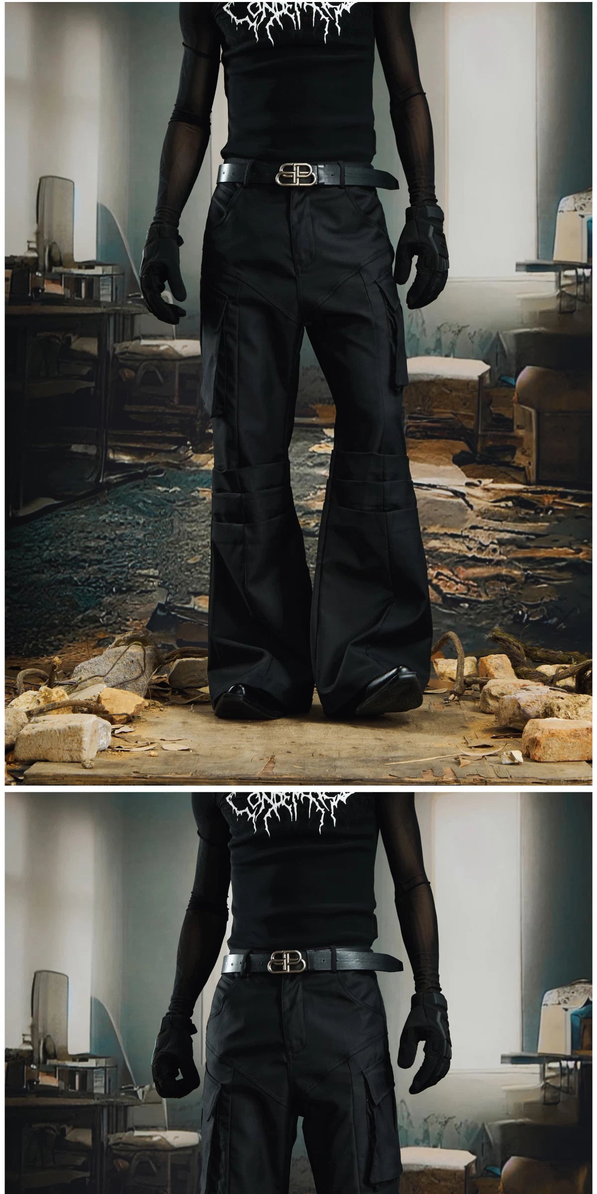 NOMANIAI  Niche, sophisticated slightly flared trousers with a utility-style aesthetic.
