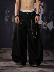 NOMANIAI Y2K Cut-out Metal Wide-Leg Curved-Seam Jeans with Detachable Chain.