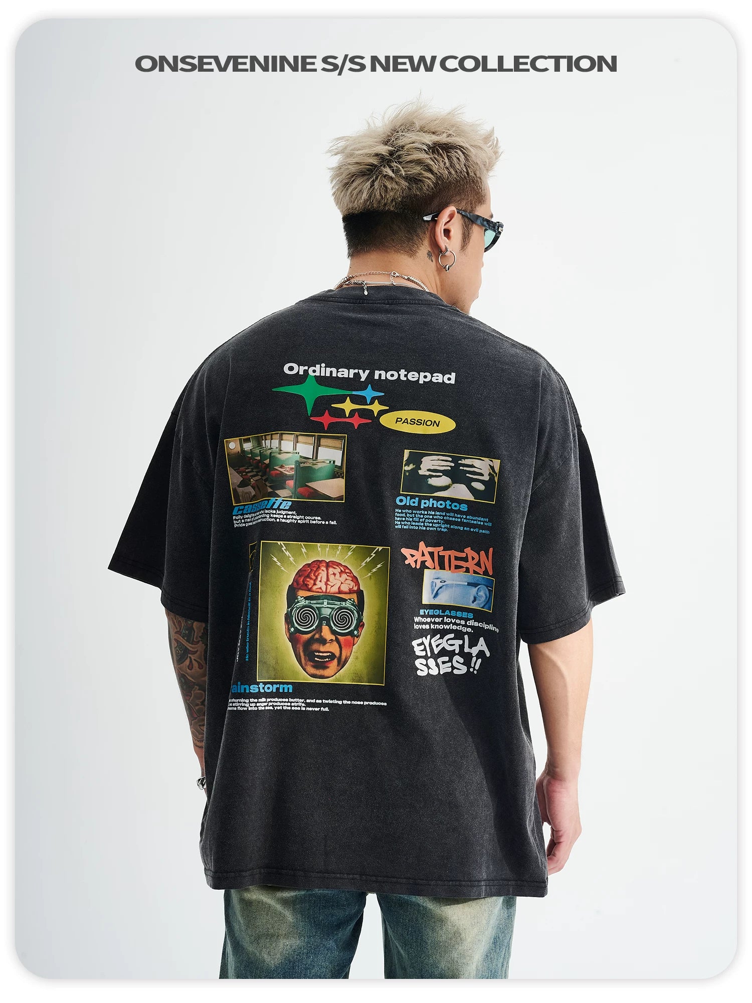 ONSEVENINE Vintage-style, distressed, loose-fit short-sleeve tee (unisex).