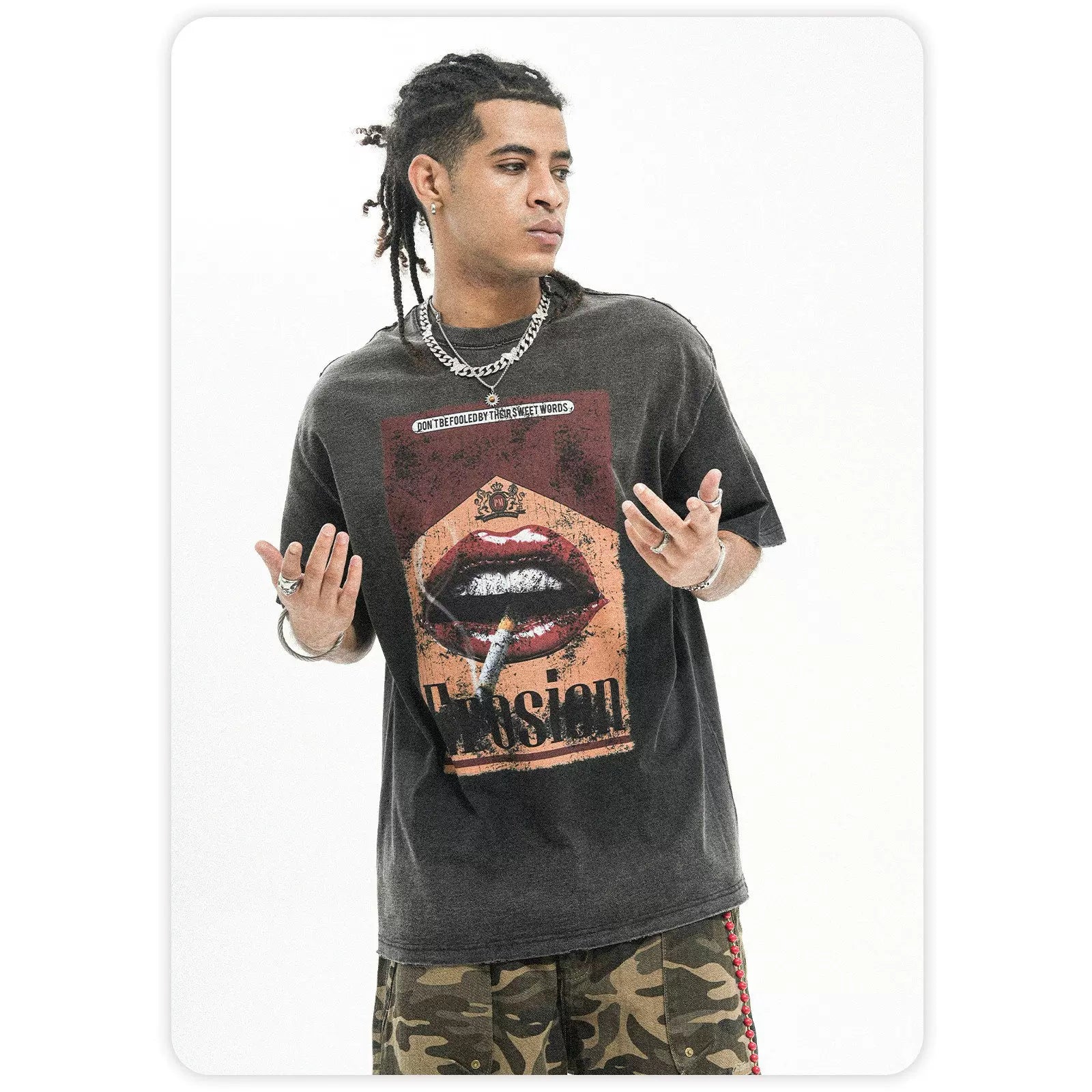 ONSEVENINE American Water Wash Vintage Worn Heavy Weight Cotton Small Neckline Short Sleeve T-shirt Men's Summer Hip Hop China-Chic