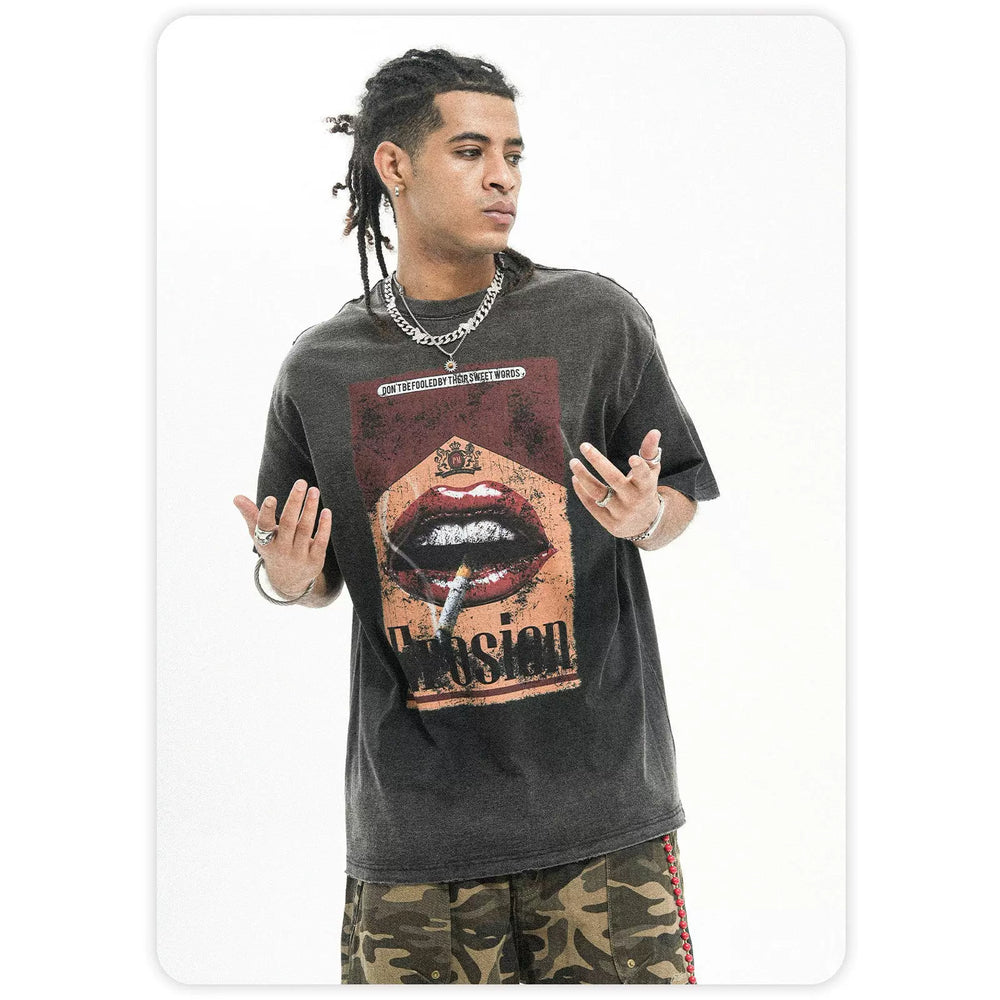ONSEVENINE American Water Wash Vintage Worn Heavy Weight Cotton Small Neckline Short Sleeve T-shirt Men's Summer Hip Hop China-Chic