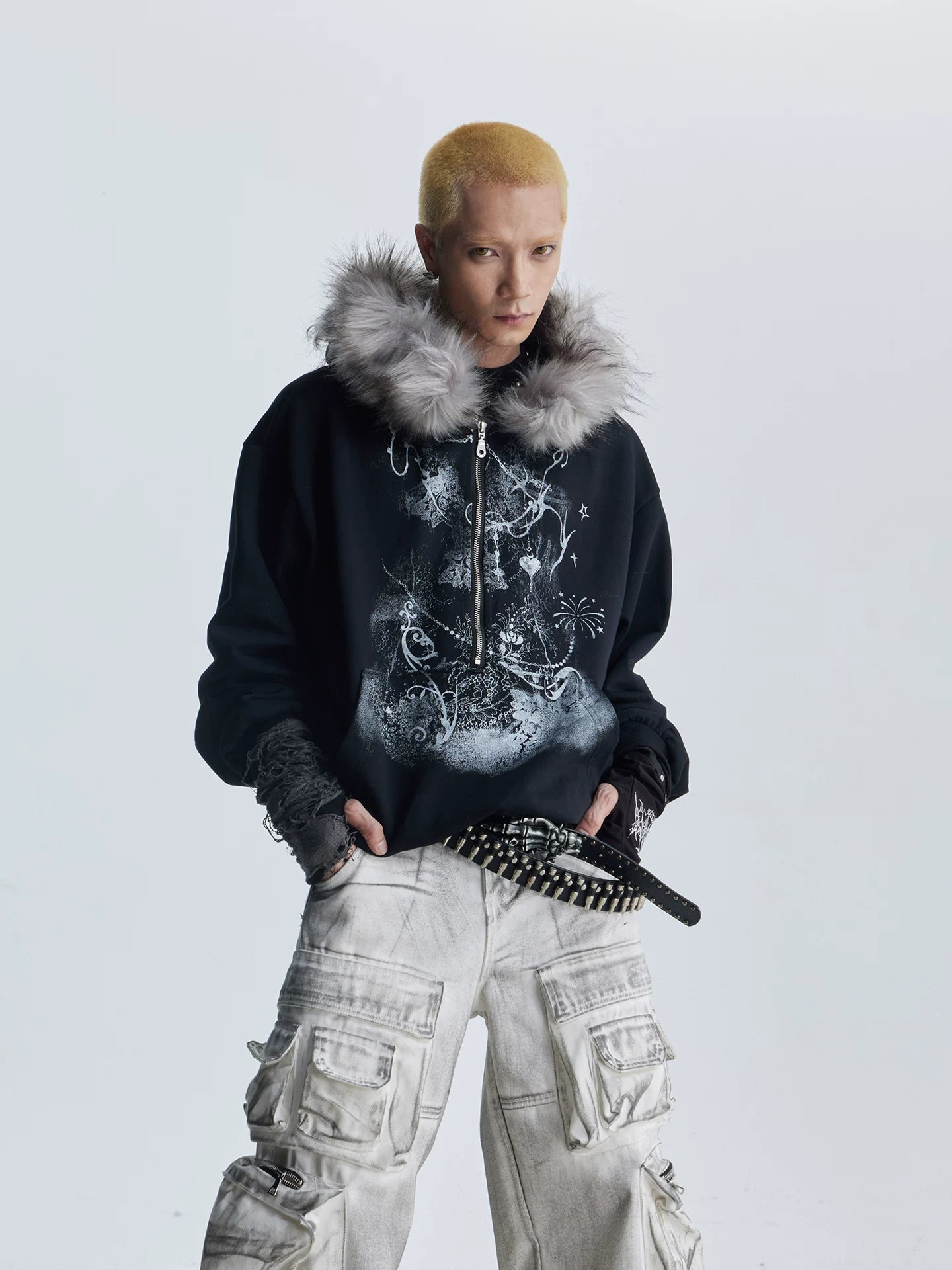 NOMANIAI  Fuzzy Hooded Printed Half-Zip Sweatshirt – Loose Cropped Top.