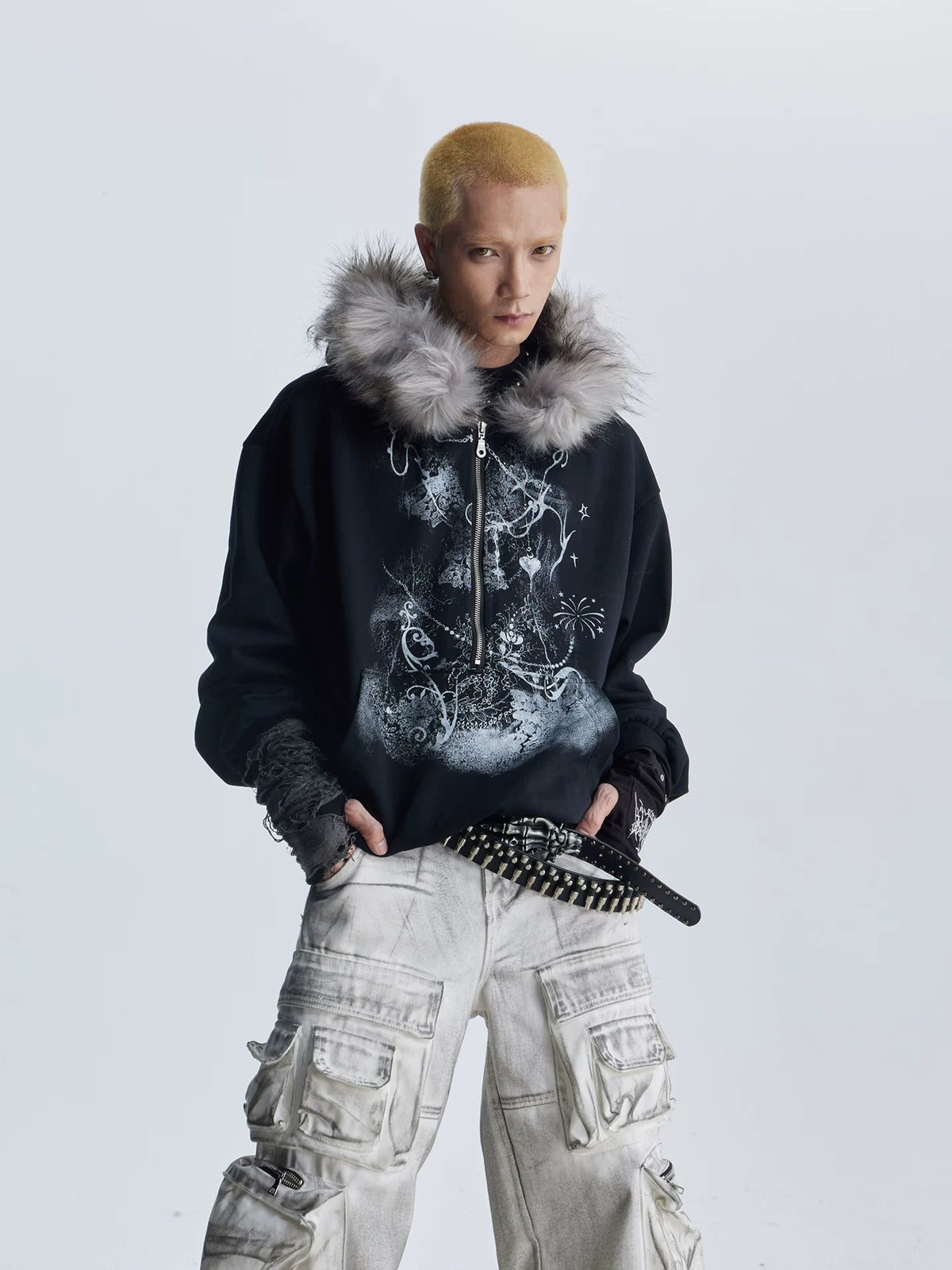 NOMANIAI  Fuzzy Hooded Printed Half-Zip Sweatshirt – Loose Cropped Top.