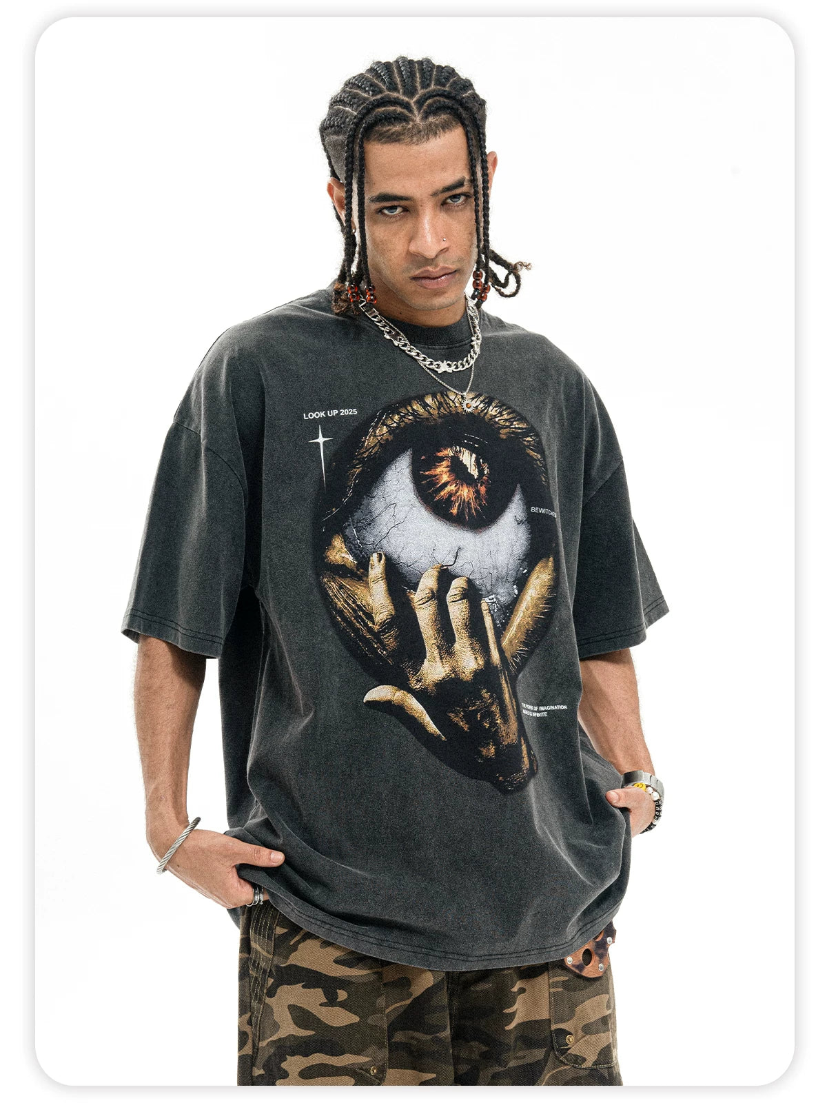 ONSEVENINE Street-style vintage-wash graphic short-sleeve tee with a small neckline.