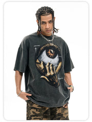 ONSEVENINE Street-style vintage-wash graphic short-sleeve tee with a small neckline.