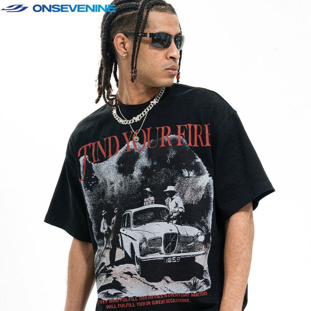 ONS VENINE American Hip Hop Street 300g Heavy Cotton Small Collar Trendy Brand Loose Short Breath T-shirt for Men Summer