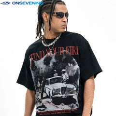 ONS VENINE American Hip Hop Street 300g Heavy Cotton Small Collar Trendy Brand Loose Short Breath T-shirt for Men Summer