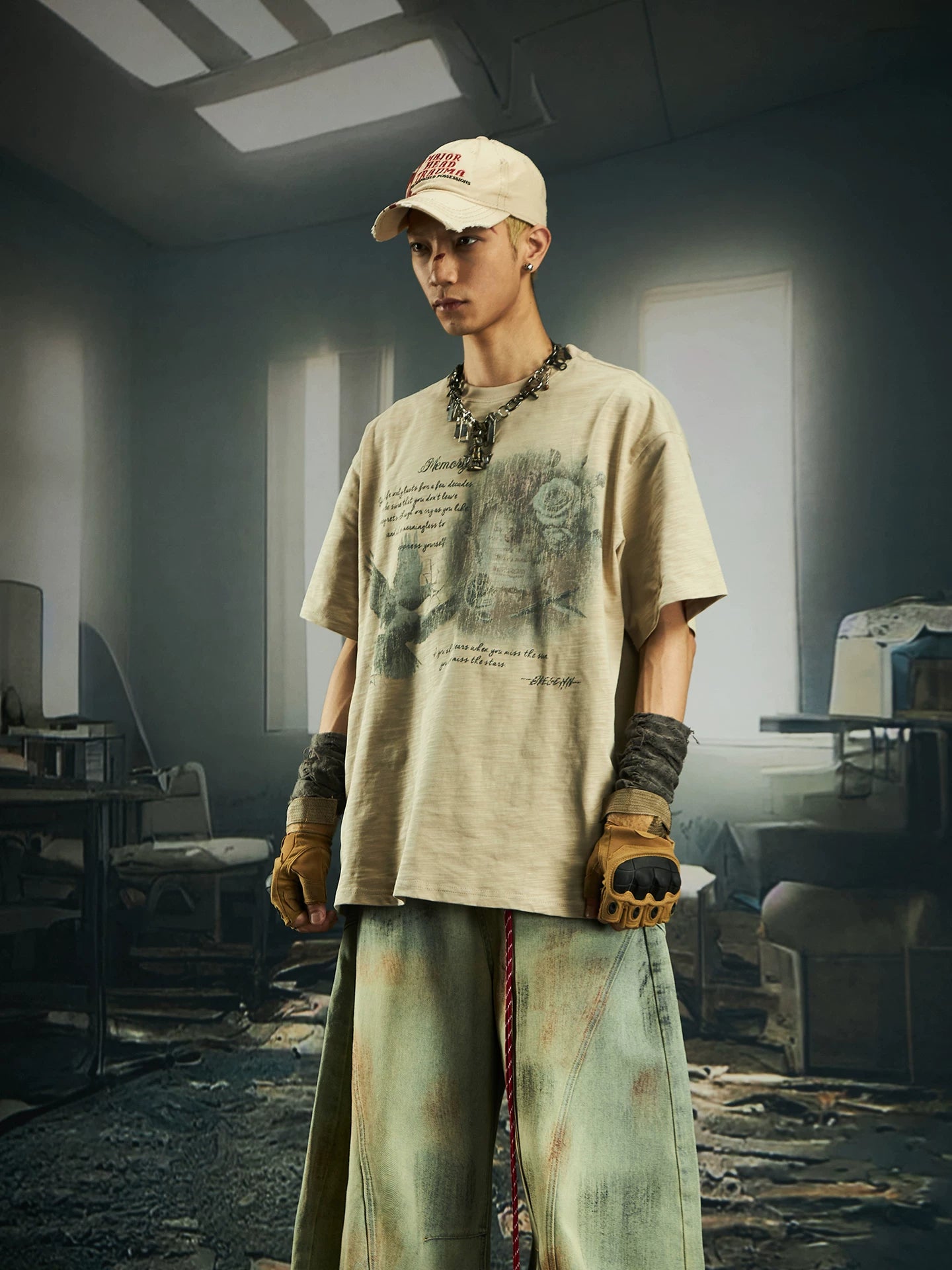 NOMANIAI Printed Crew-Neck Short-Sleeve Loose-Fit Breathable Cotton T-Shirt.