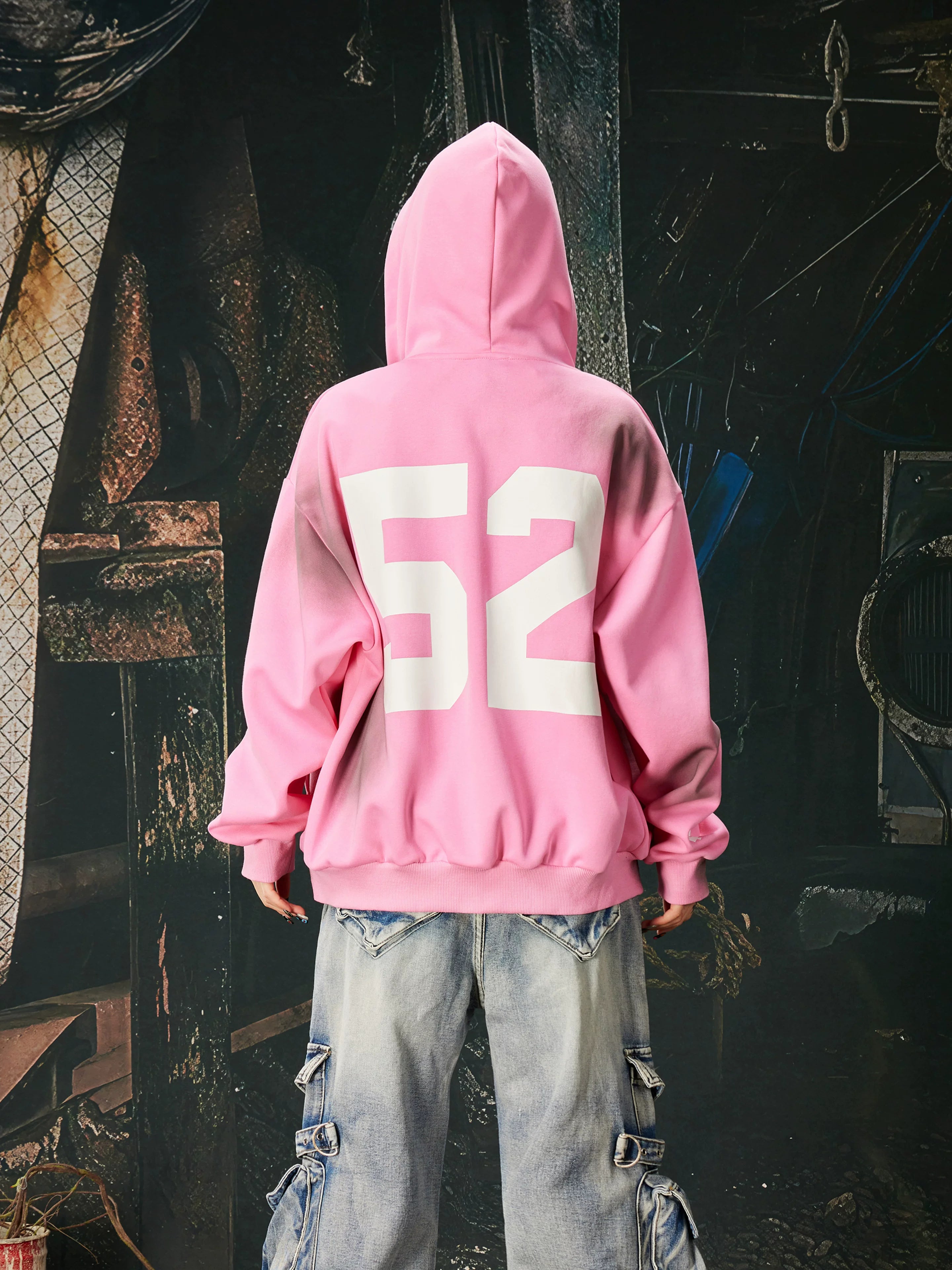 NOMANIAI  Oversized Printed Distressed Zip-Up Hoodie.