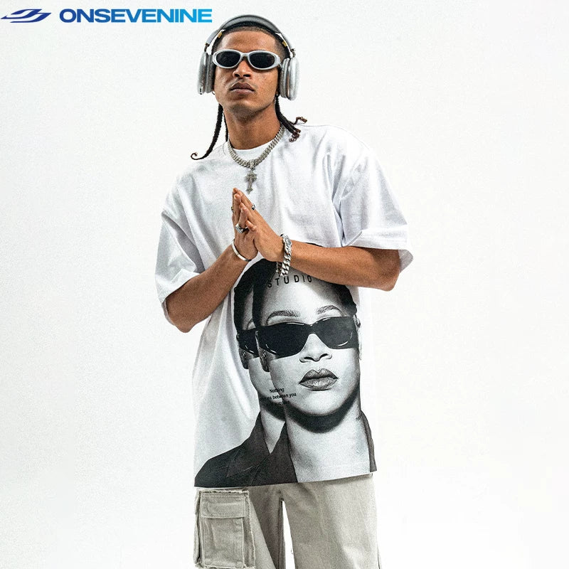 ONS EVENT Original Trendy Brand American Street Small Collar 300g Pure Cotton Printed Short sleeved T-shirt for Men and Women in Summer
