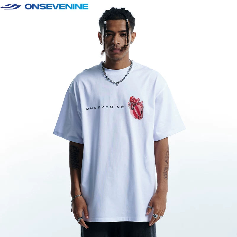 ONSEVENINE China-Chic Heavy Weight Cotton Small Neckline Boys' T-shirt Short Sleeve Women's Summer Loose Couple's Half Sleeve t
