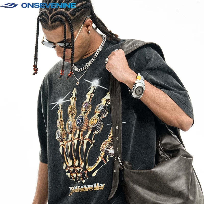 Heavy duty pure cotton retro short sleeved T-shirt 300g washed to make old American street style top