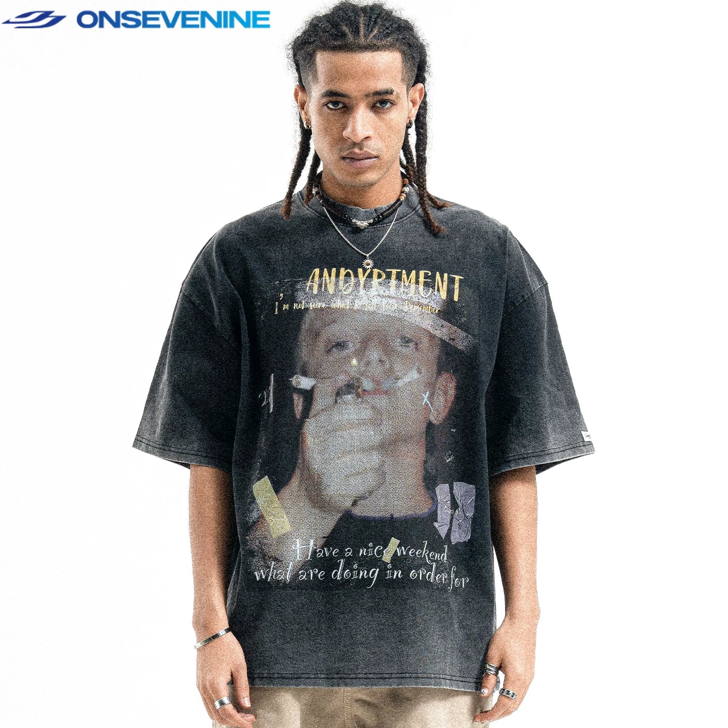 ONS VENINE American retro washed stir fried black heavyweight pure cotton small collar short sleeved T-shirt men's summer loose fit