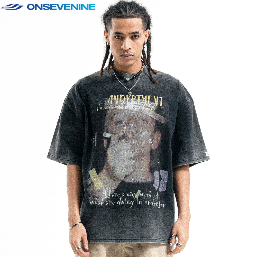 ONS VENINE American retro washed stir fried black heavyweight pure cotton small collar short sleeved T-shirt men's summer loose fit