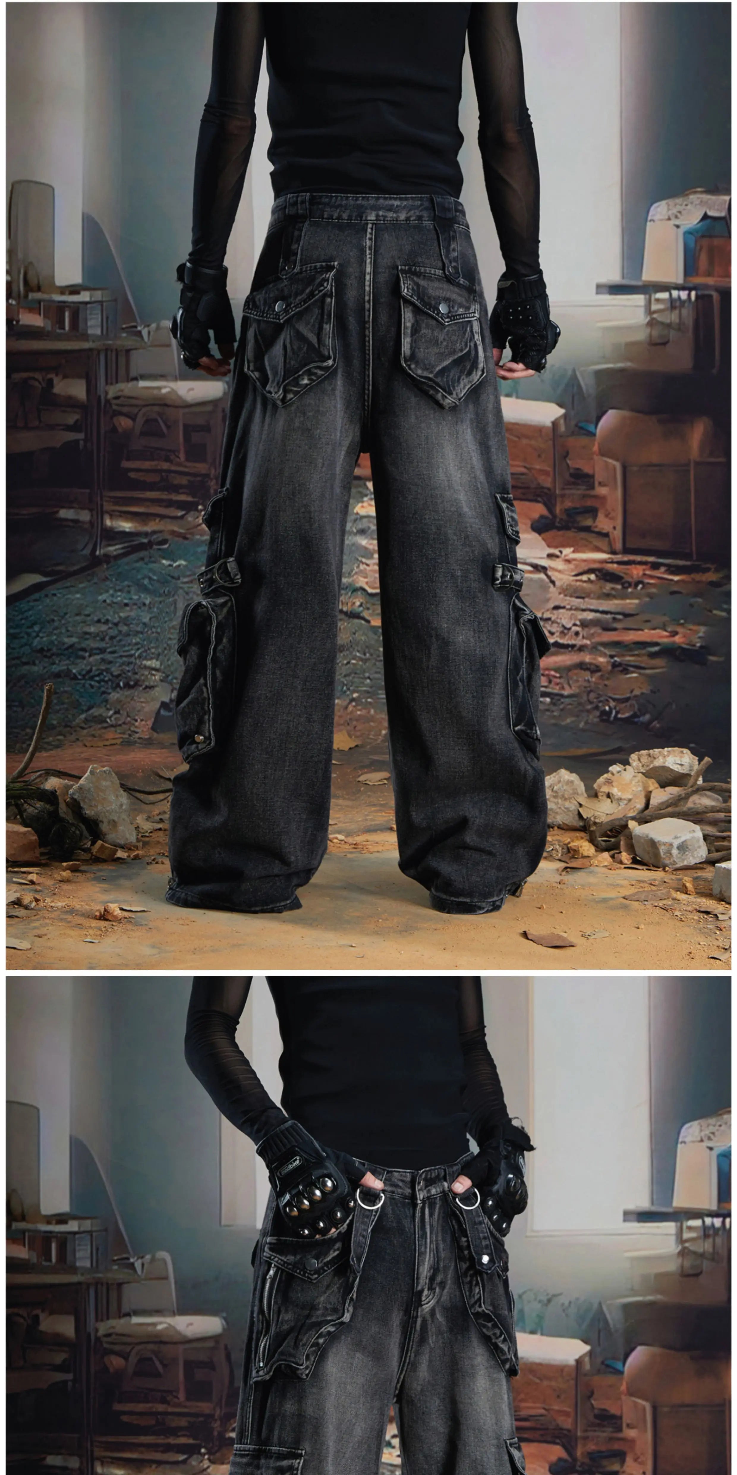 NOMANIAI  Multi-pocket deconstructed, washed, and distressed workwear-style denim jeans.