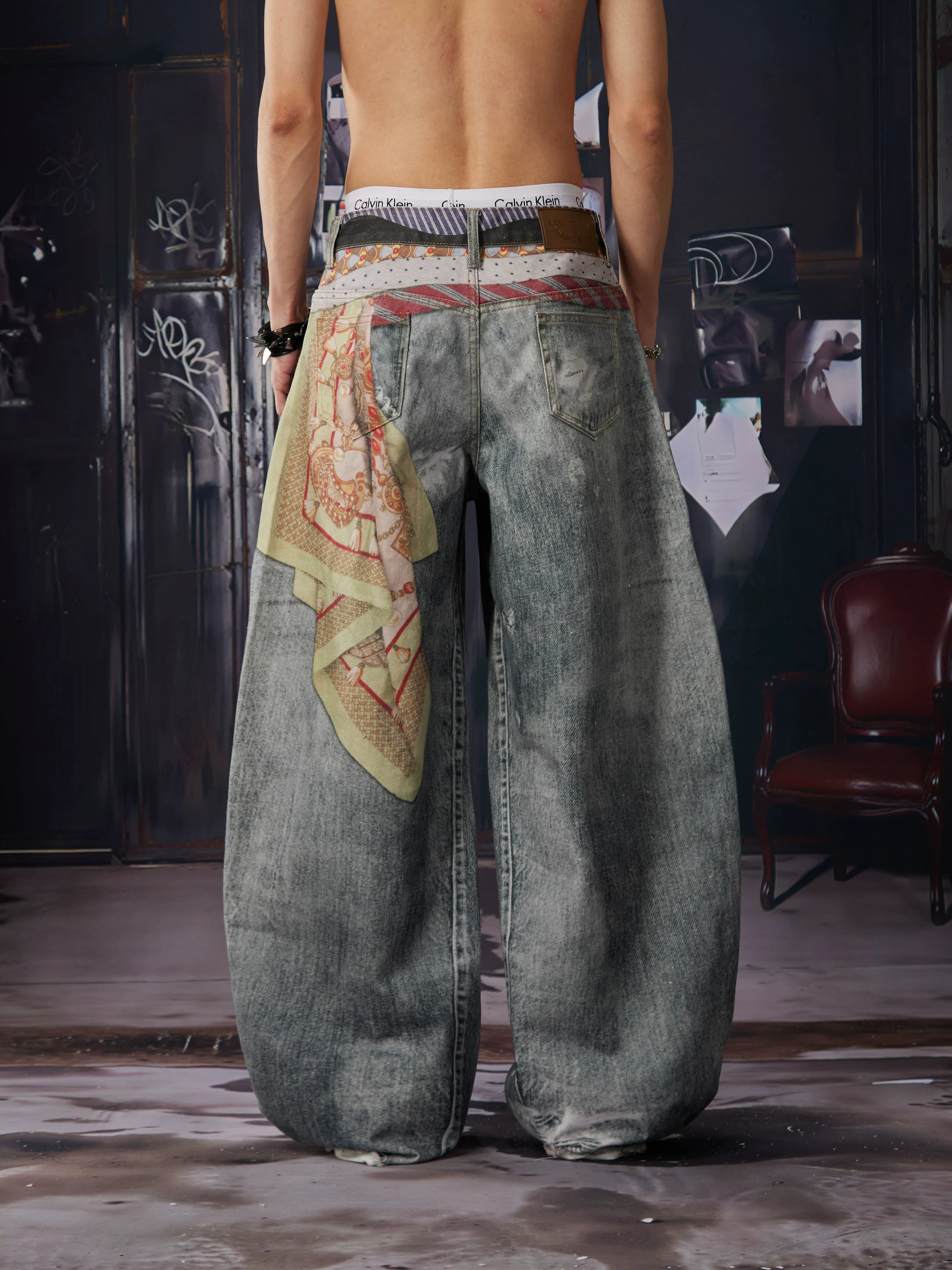 NOMANIAI 3D-printed color-block tie-detail layered wide-leg streetwear trousers.