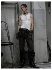 NOMANIAI Distressed, slim-fit, slight-flare jeans with studs—dark streetwear style.