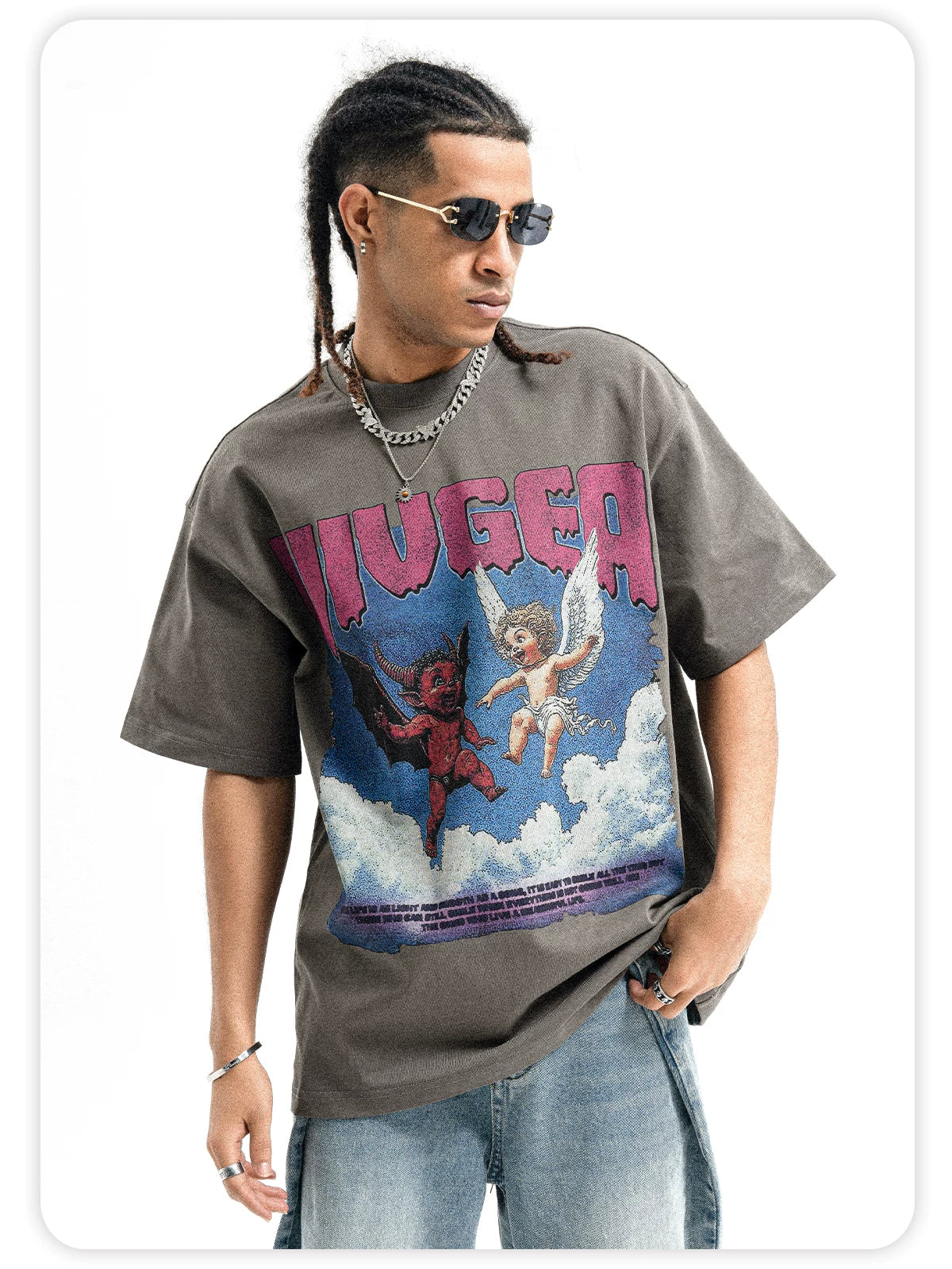 ONSEVENINE Men's Heavyweight 300g Pure Cotton Street-Style Hip-Hop T-Shirt.