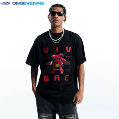 ONSEVENINE China-Chic Hip Hop Street Heavyweight Cotton Small Neckline Short Sleeve T-shirt Male Summer Couple American Retro