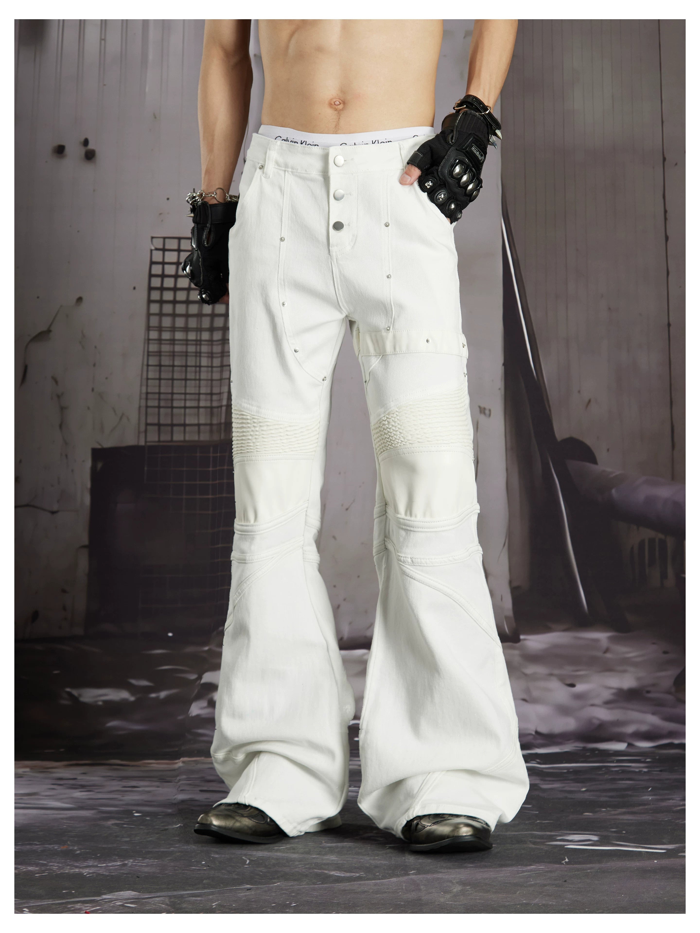 NOMANIAI 3D-cut studded slim-fit slight-flare street-style jeans.