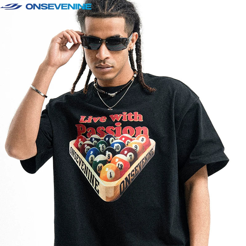 ONSEVENINE China-Chic 300g small neckline American street high street ins fashion brand loose short sleeve T-shirt men's summer