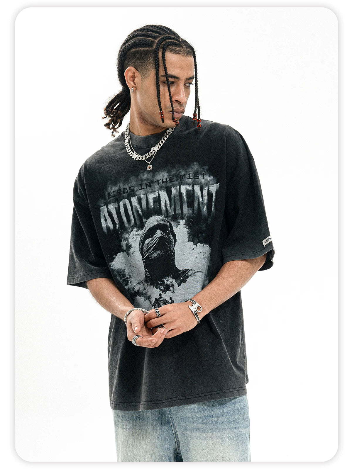 ONSEVENINE Black short-sleeve T-shirt in washed, vintage-style pure cotton.