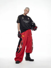 NOMANIAI  Deconstructed Color-Block Loose-Fit Moto Pants.