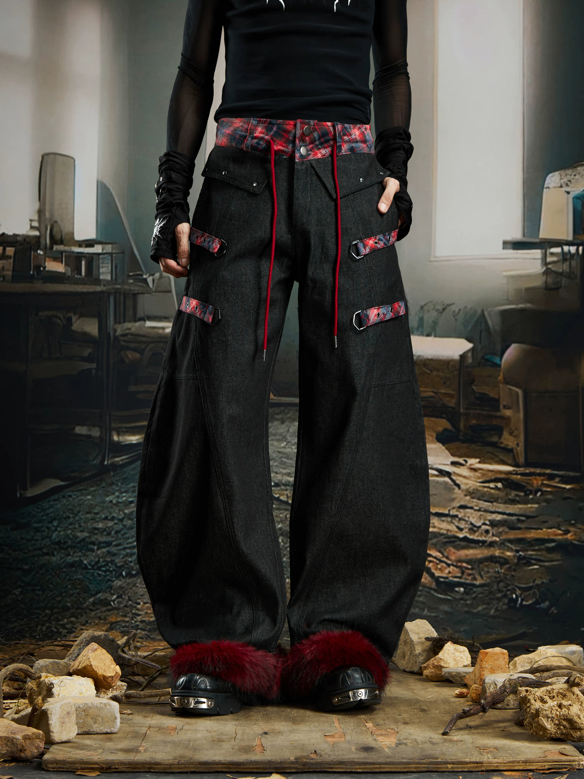NOMANIAI Original Niche Y2K Plaid Detachable "Scimitar" Jeans.