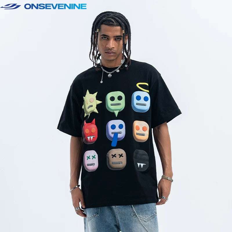 ONIVENINE American Street Loose Small Collar 300g Heavy Cotton Short sleeved T-shirt for Men and Women in Summer