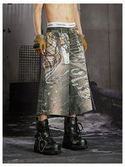 NOMANIAI  Loose-fit cropped trousers featuring a 3D-printed plaid pattern and chain detailing.