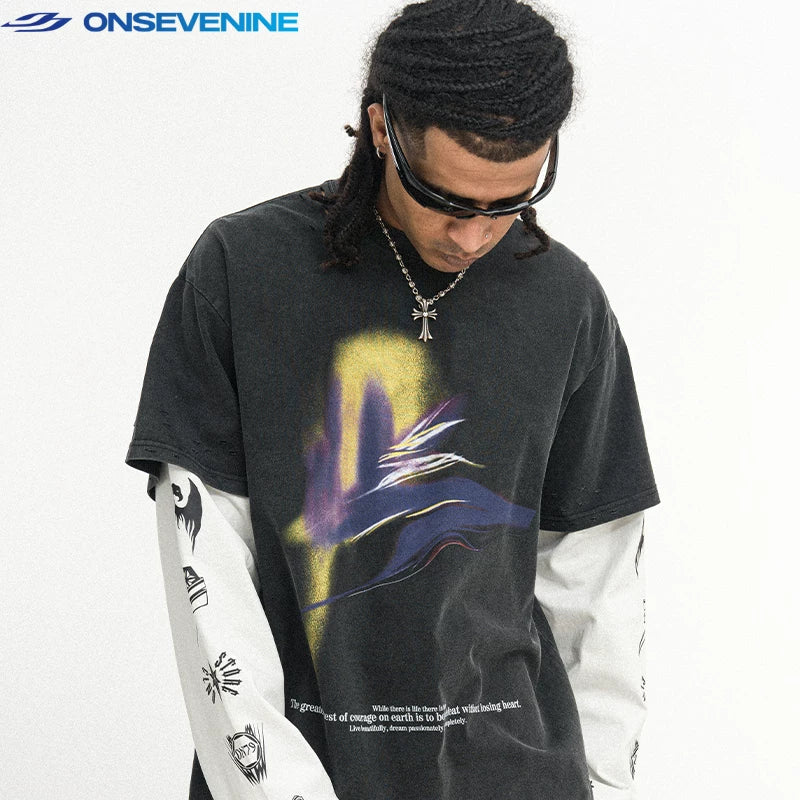 ONSEVENINE Trendy Brand Washed and Worn Long Sleeve T-shirt Retro Fake Two Piece Men's Spring and Autumn Shirt China-Chic