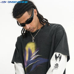 ONSEVENINE Trendy Brand Washed and Worn Long Sleeve T-shirt Retro Fake Two Piece Men's Spring and Autumn Shirt China-Chic